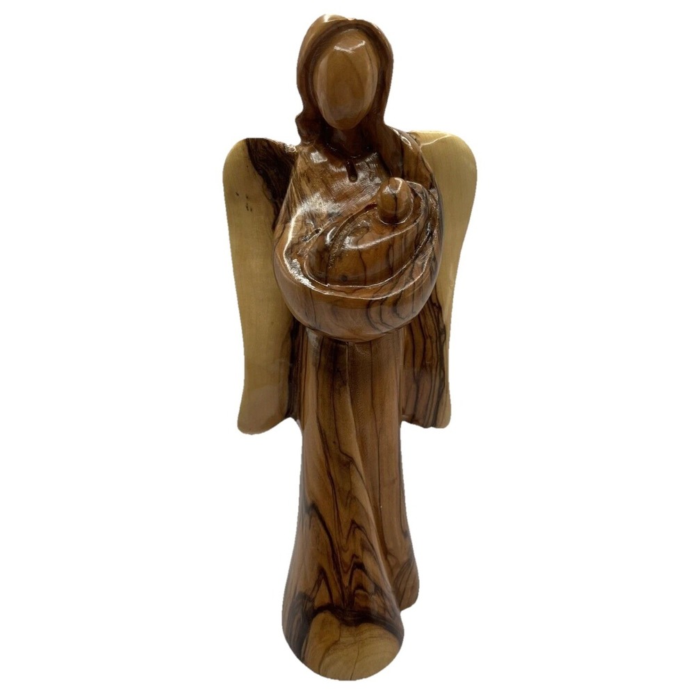 Hand Carved Wooden Angel Holding Baby  7‎ 1/2 Inches Tall Made in Israel